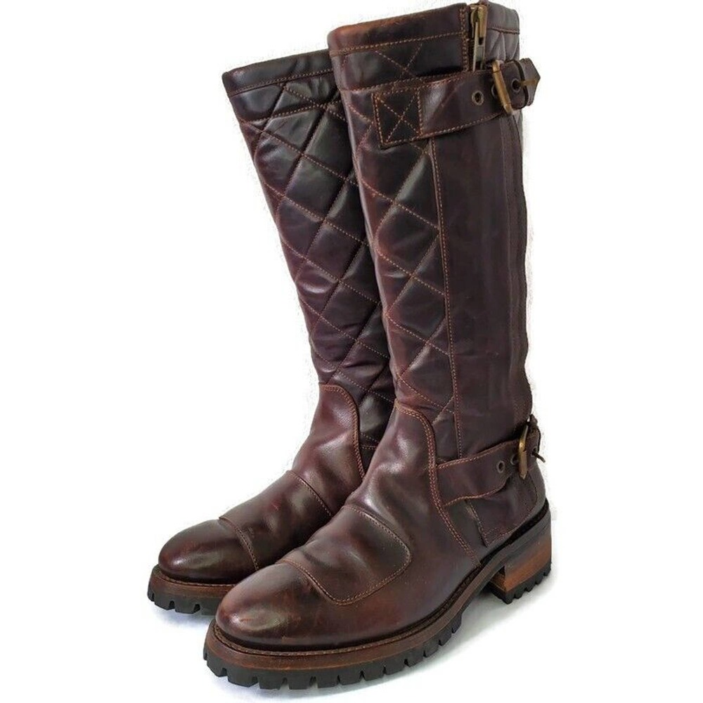 Ralph Lauren Quilted Brown Caruthers Leather Moto Boots Mens Sz 8.5D Italy Made